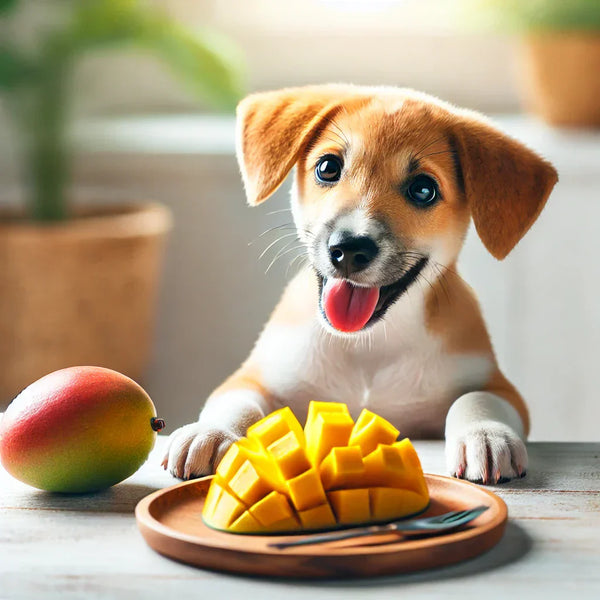 Bild eines glücklichen Hundes neben einer aufgeschnittenen Mango.